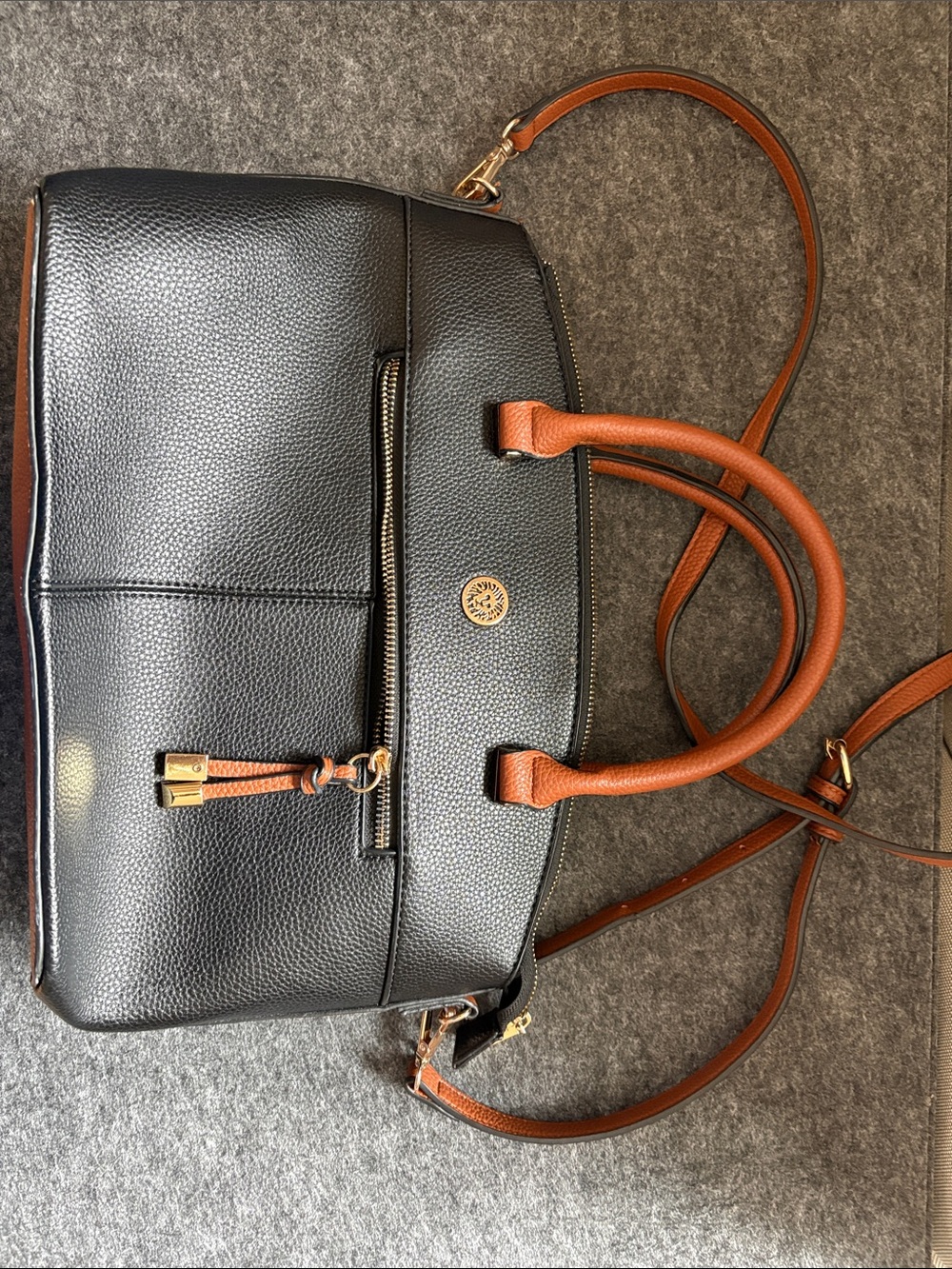 Anne Klein Black and Brown Two-Tone Pebbled Satchel